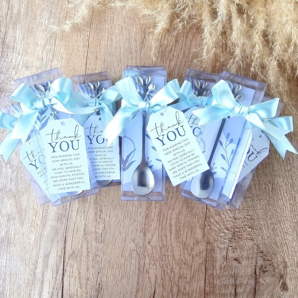 Silver leaf design spoon in giftbox with ribbon and thank you tag