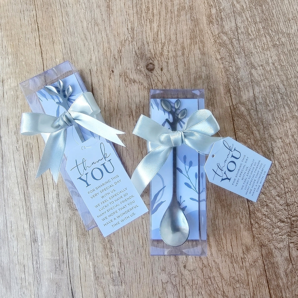 Silver leaf design spoon in giftbox with ribbon and thank you tag