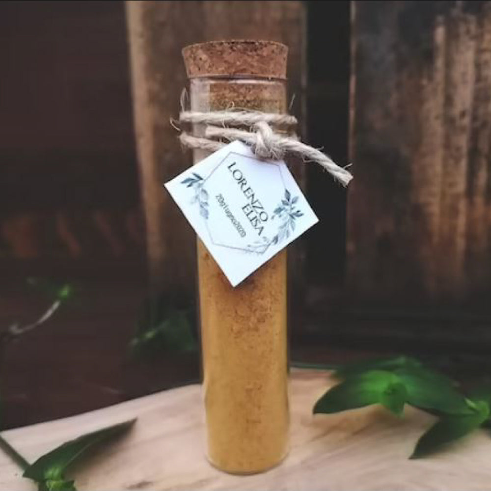 Glass tube jar with cork lid, string and tag70ml