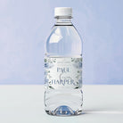 Bottle of water with a label on a light blue background