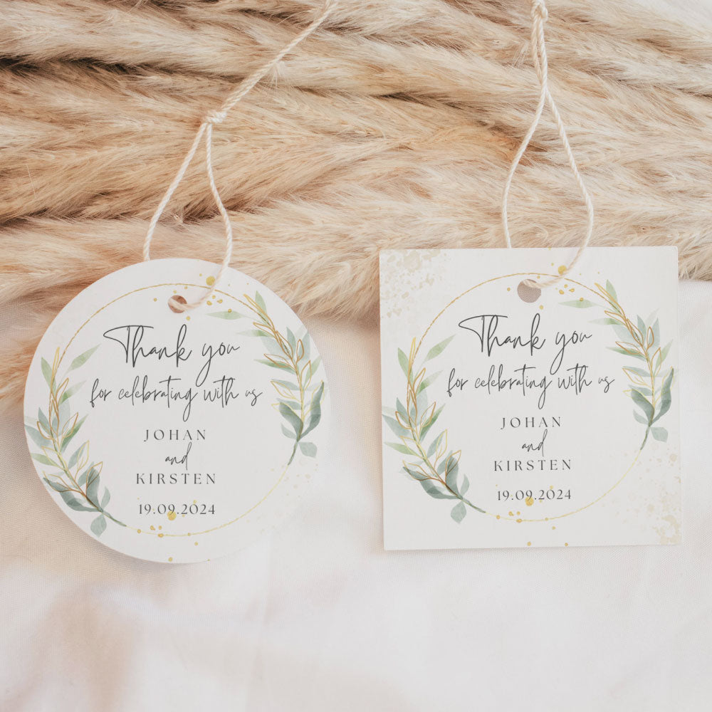 Thank you tag/sticker - Gold and Green Wreath, gold, sticker