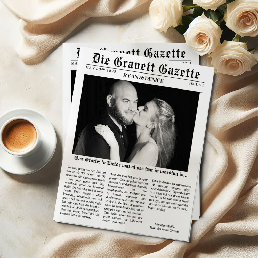 Personalised Wedding Newspaper - A3 Folded to A4 | Custom Love Story Keepsake, paper, black