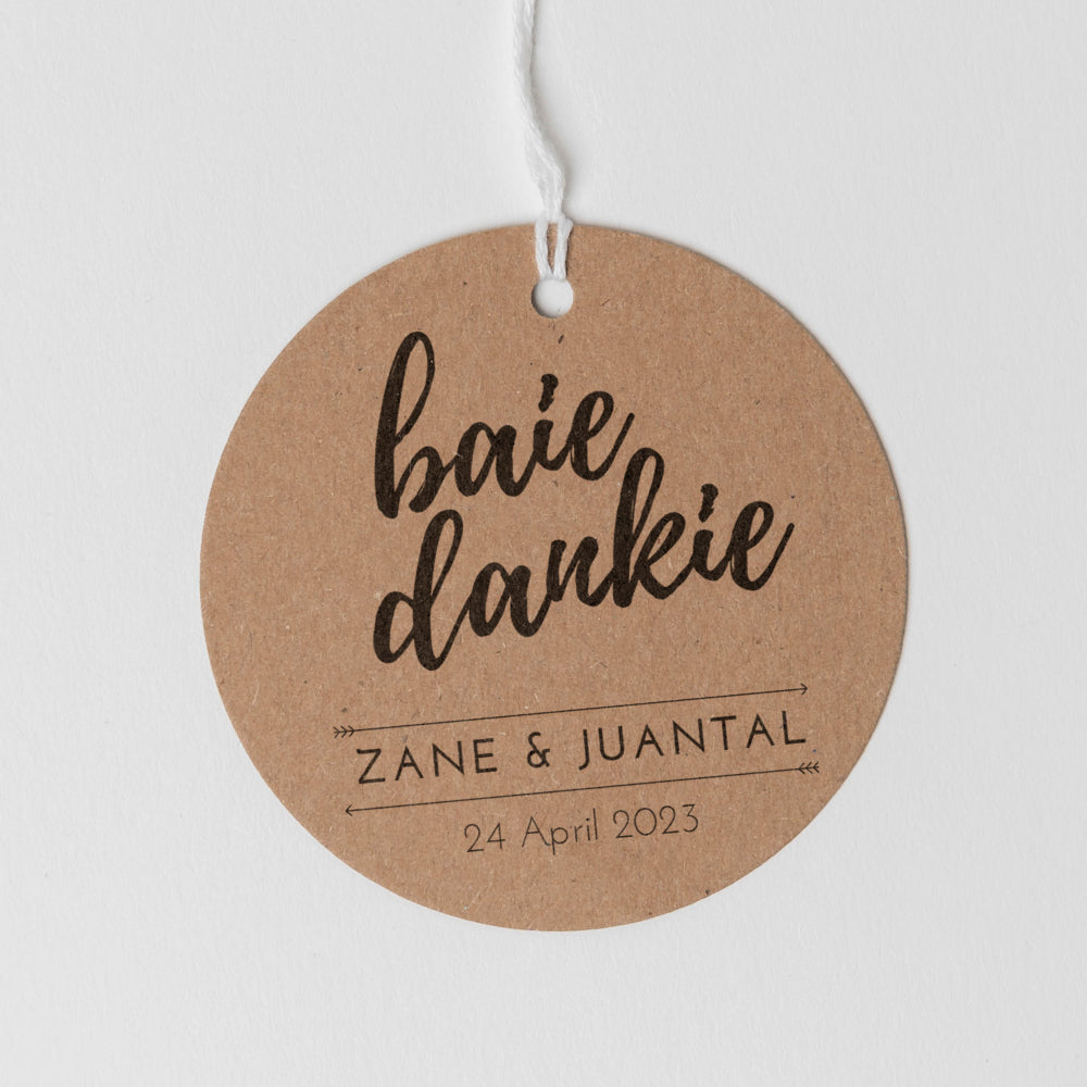 Baie Dankie round thank you tag on kraft for favours