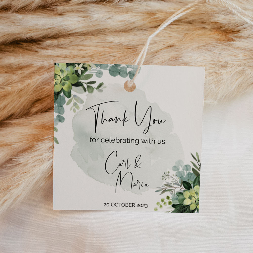 Personalised Eucalyptus Green Square Thank you Tag for favours