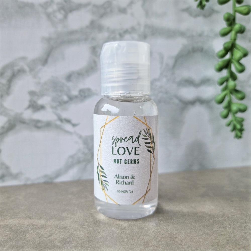 Spread Love not germs 50ml Hand Sanitiser personalised with geometric sticker