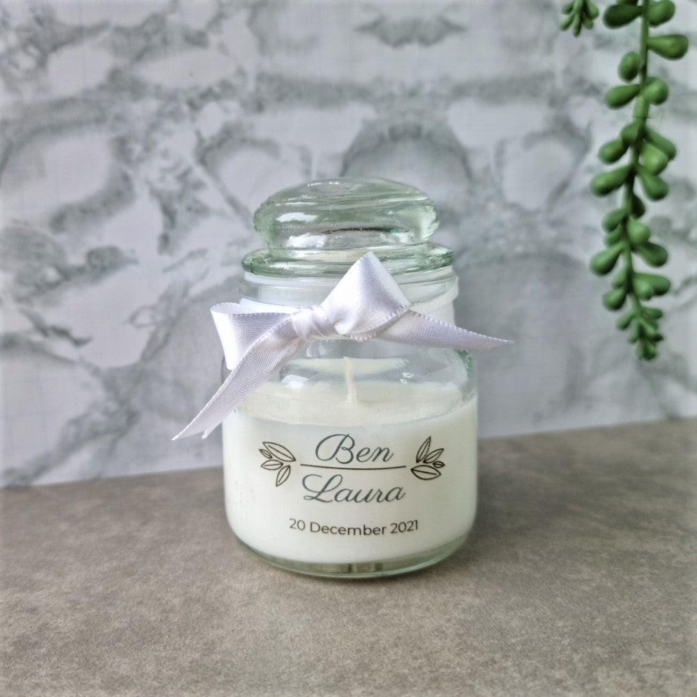 Candle in miniature jar with personalised sticker autumn design