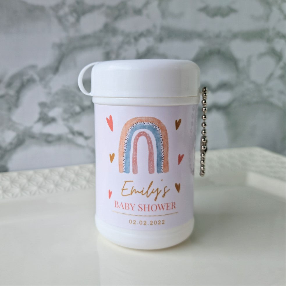 Travel size wet wipe keyring with rainbow and hearts design