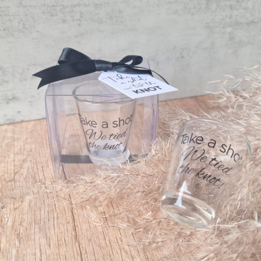 Take a shot we tied the knot shot glasses wedding favours in clear gift box with ribbon and thank you tag