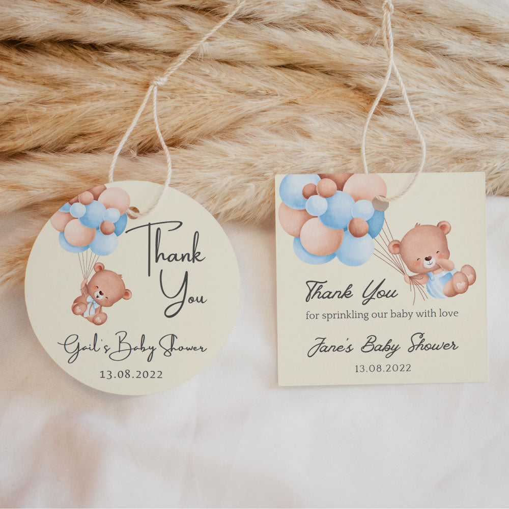 Thank You Tags/Stickers - Baby Bear with Blue Balloons, pink, wedding favour