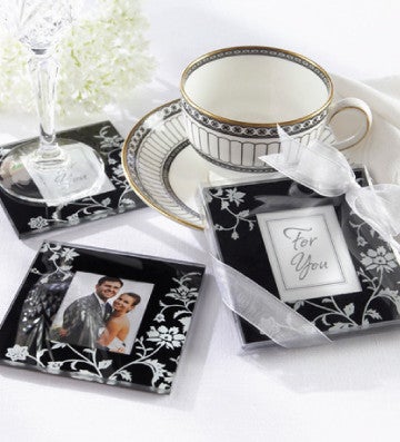 Black & White Floral Coaster Gift Set (2pcs), glass, black