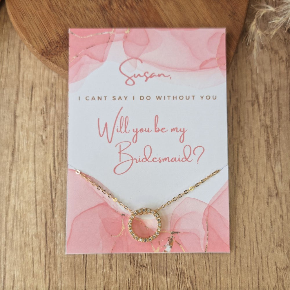 Bridesmaid friendship necklaces are presented on a small card that can be personalised