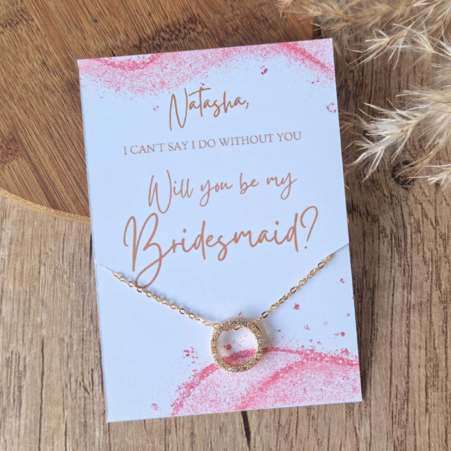 Bridesmaid friendship necklaces are presented on a small card that can be personalised