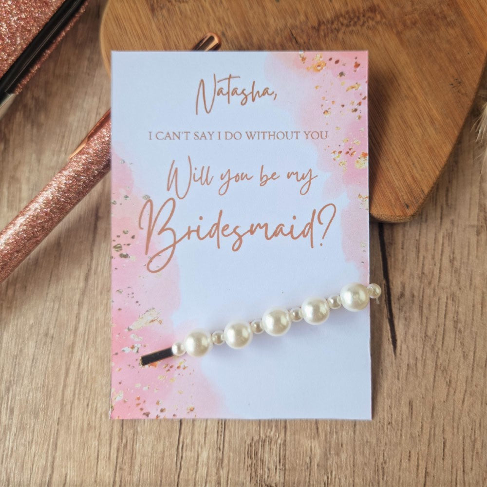Will you be my Bridesmaid Pearly Hair Clips, gold, thank-you card