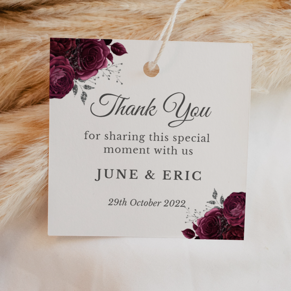 Thank You Tags/Stickers - Burgandy Rose, red, wedding favour