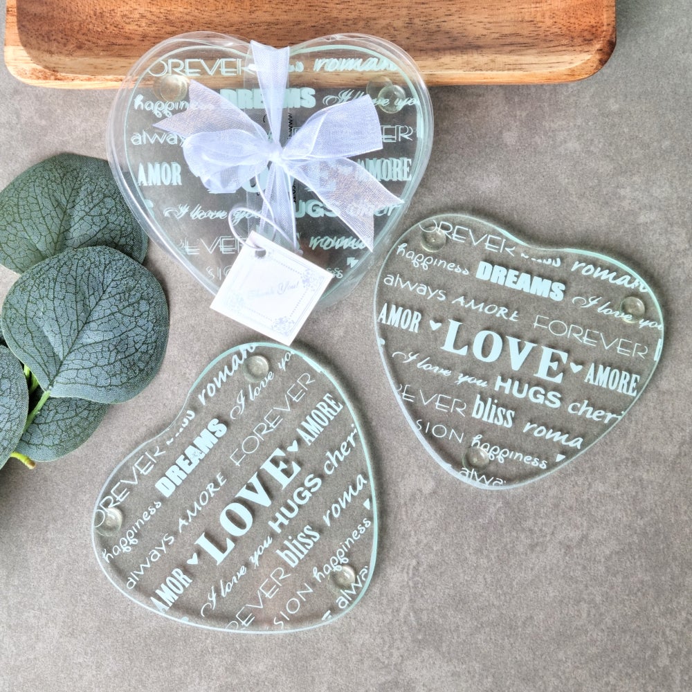 Heart Shaped Glass Coaster Set (2pcs), glass, wedding favour
