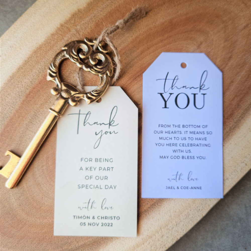 Key to my Heart Antique Bottle Opener in gold with personalised thank you tag favour