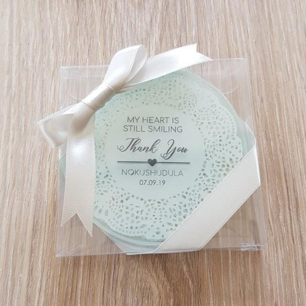 Glass coaster with lace  pattern with personalised sticker