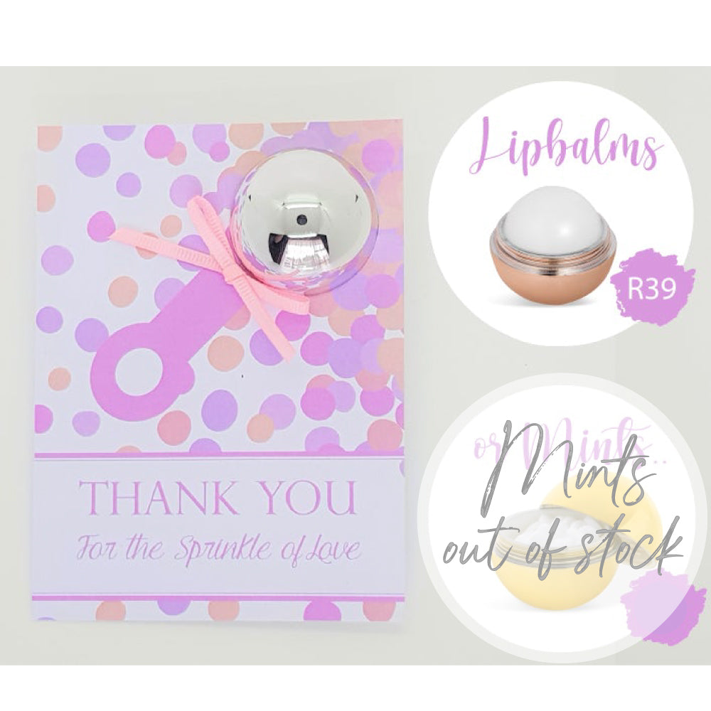 Pink Sprinkles Baby Rattle Lip balm Thank You Cards Simply Wedding