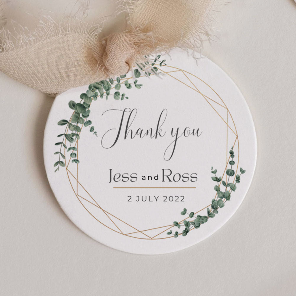 Thank You Tags/Stickers - Geometric Eucalyptus, gold, wedding favour