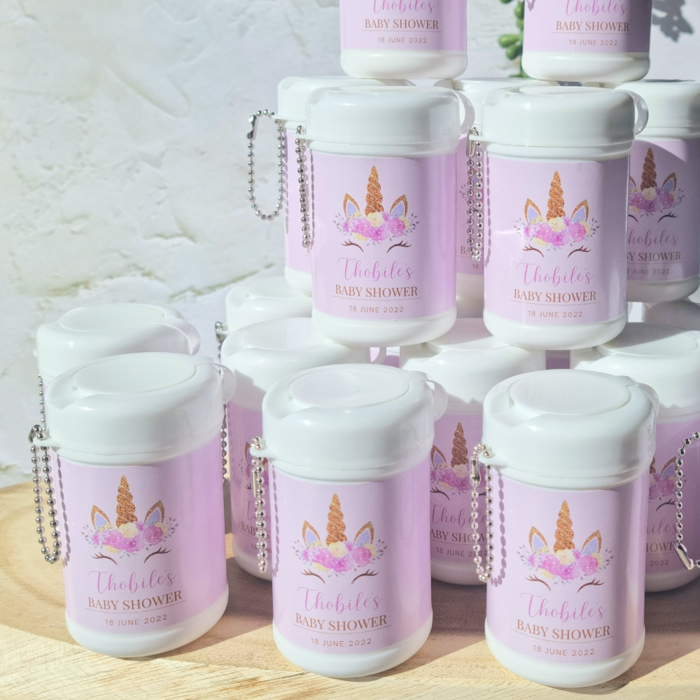 Unicorn baby shower themed wet wipe holder wedding favour idea
