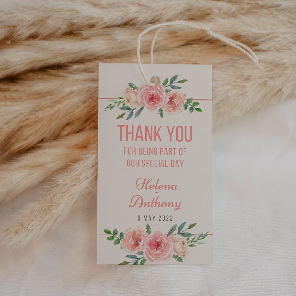 Thank You Tag with message - Pink Roses Personalise it Simply Favours Rectangular
