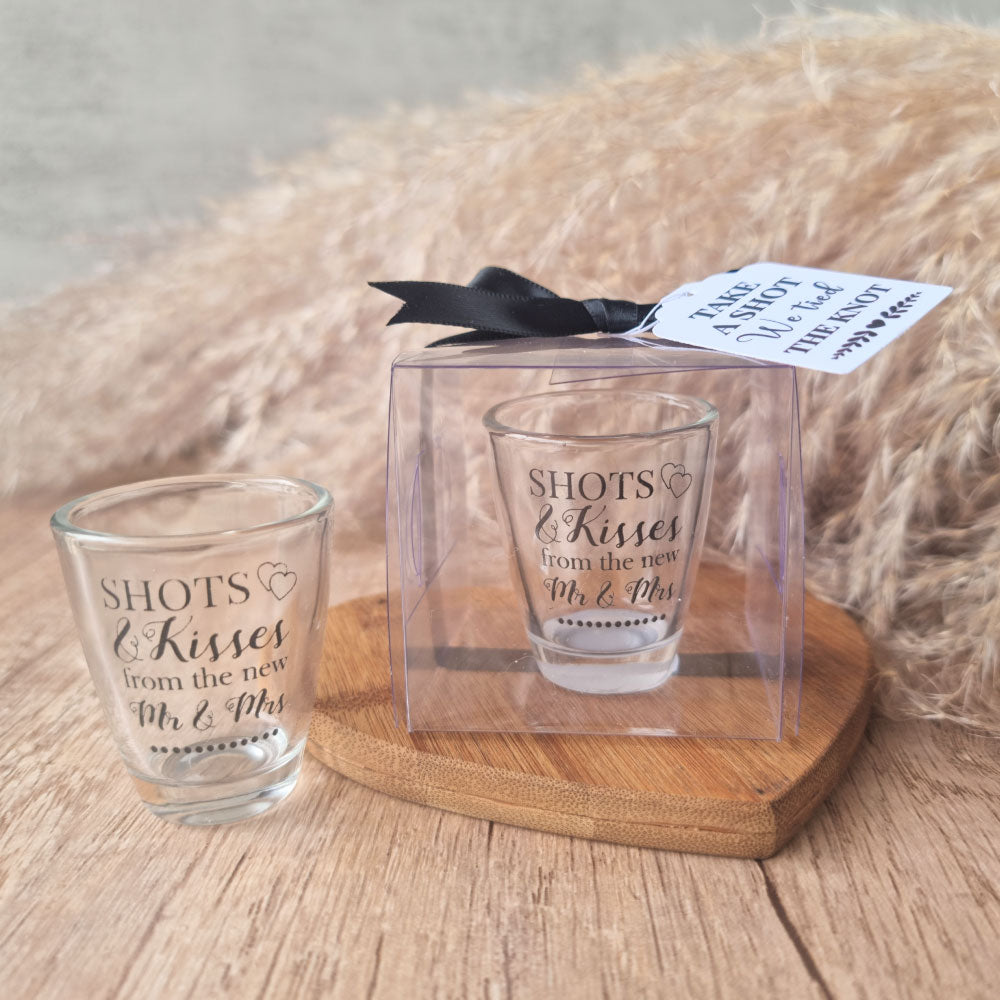 Shots and Kisses from the Mr & Mrs shot glass in a clear gift box