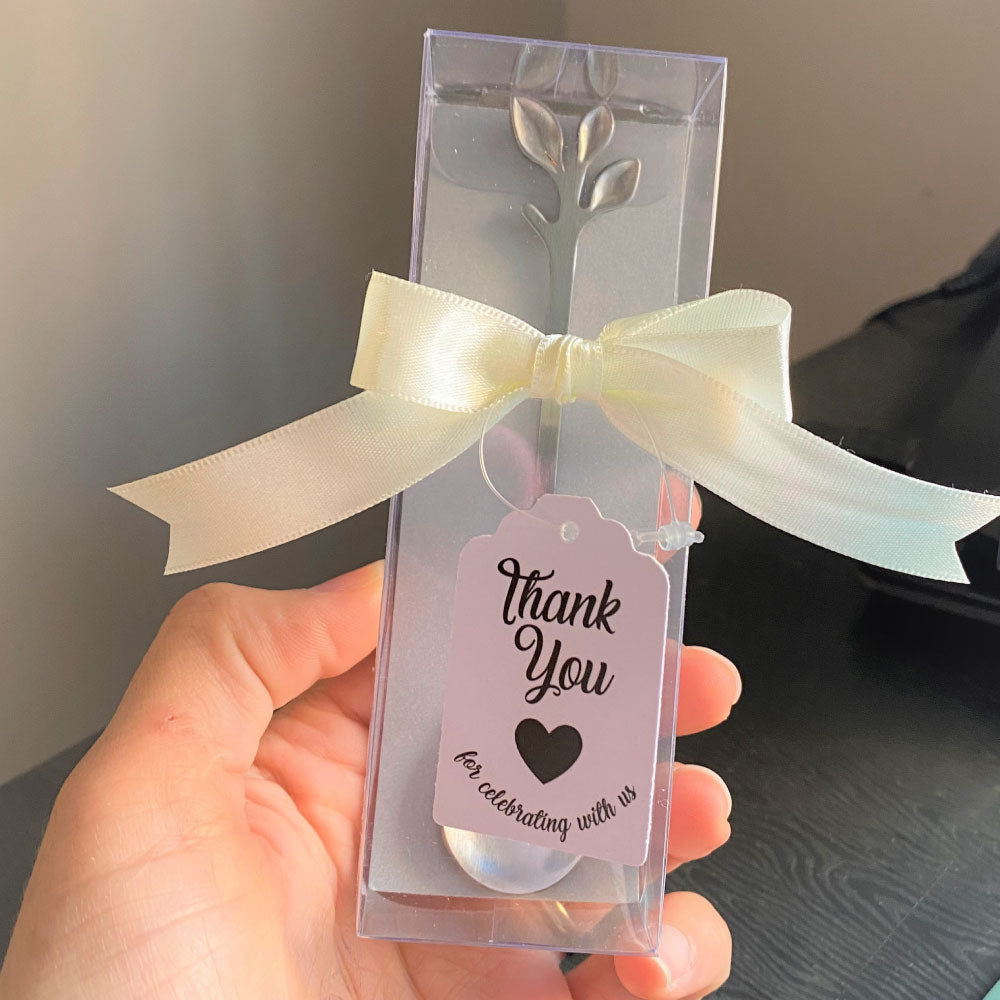 Silver leaf design spoon in giftbox with ribbon and thank you tag
