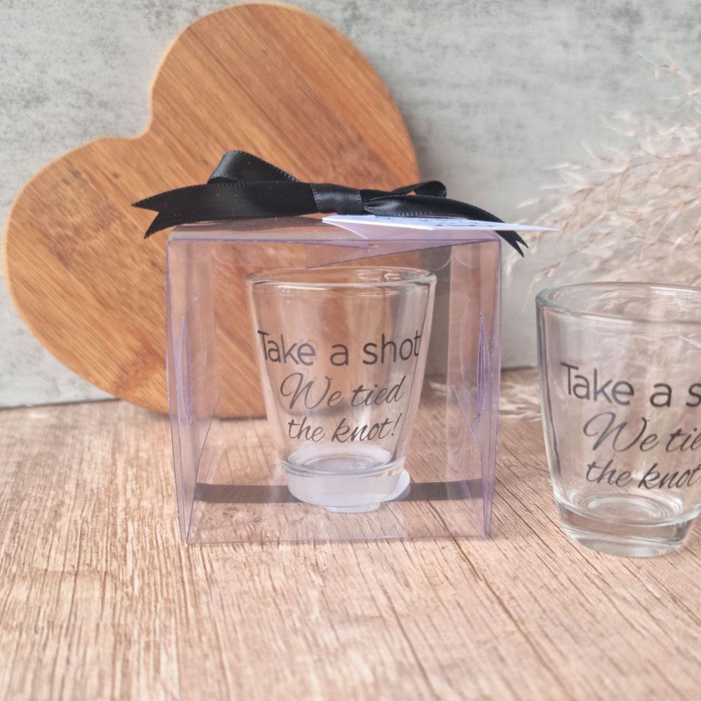 Take a shot we tied the knot shot glasses wedding favours in clear gift box with ribbon and thank you tag