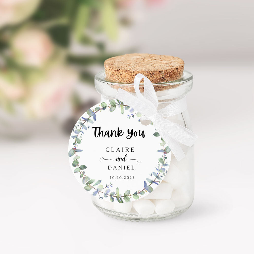 watercolour eucalyptus wreath round thank you tags