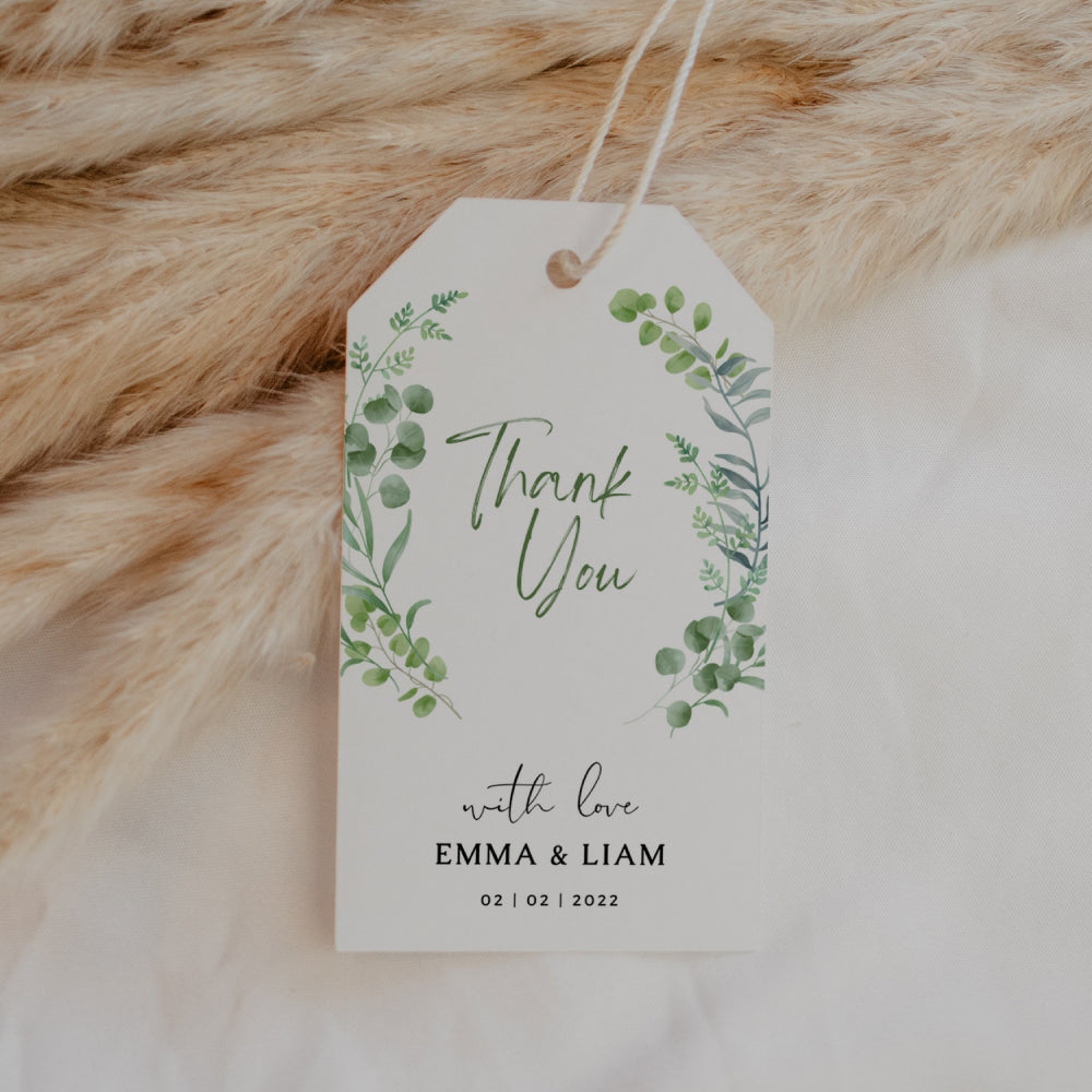 Thank You Tag - Rectangular - Green Wreath, green, wedding favour