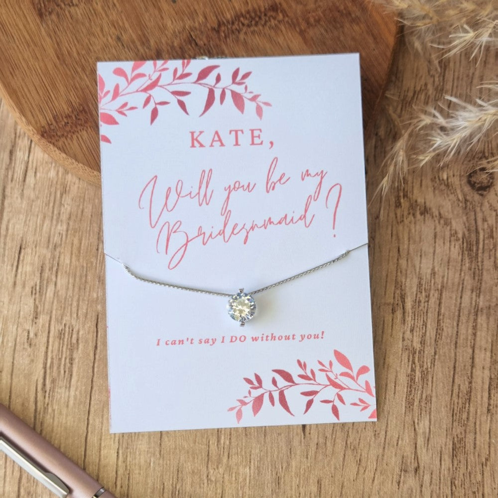 Will you be my Bridesmaid Friendship Necklaces in Silver, silver, thank-you card