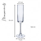 a clear glass wine glass with measurements and dimensions provided.