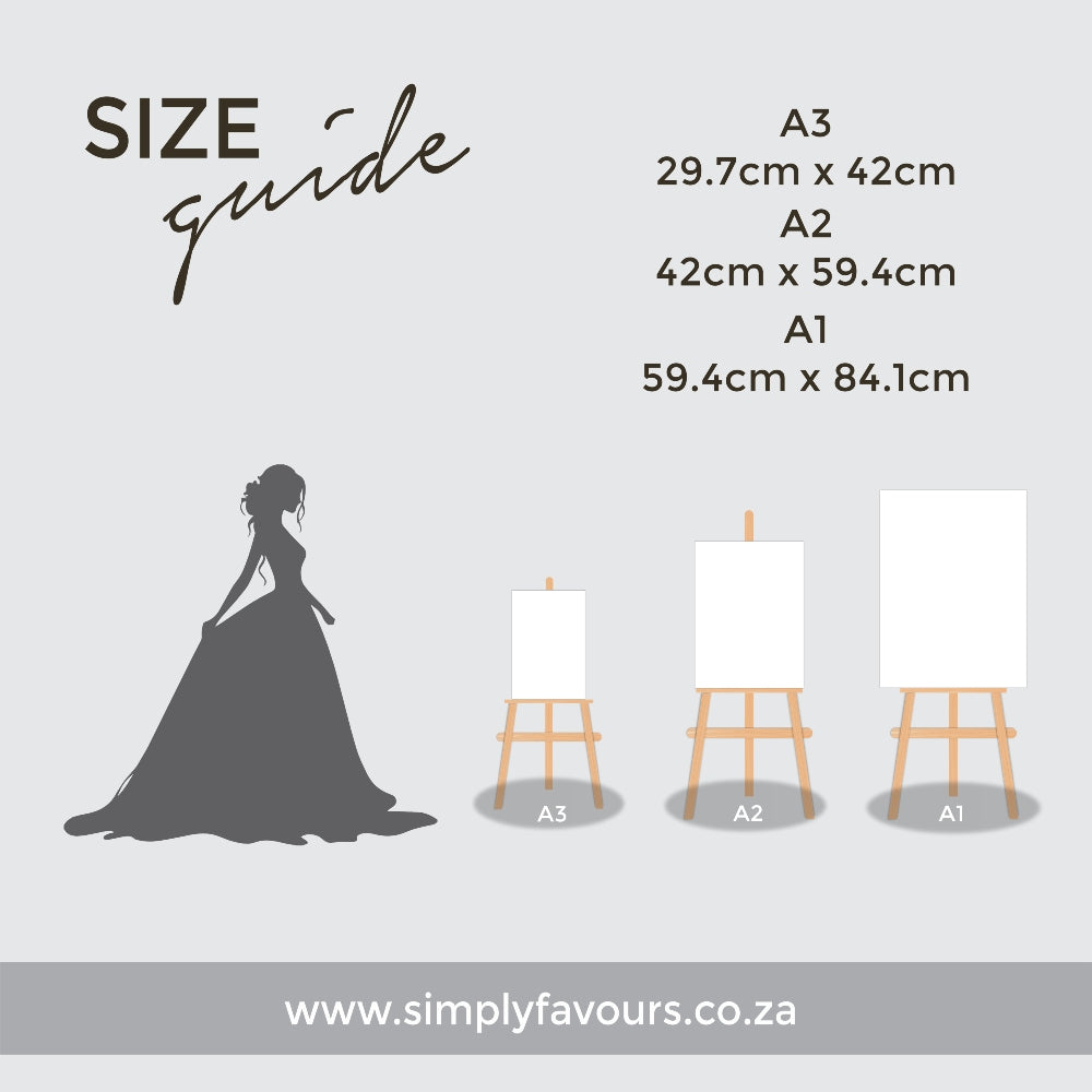 The image is a size guide that provides the dimensions of three different art prints in A3, A2, and A1 sizes.
