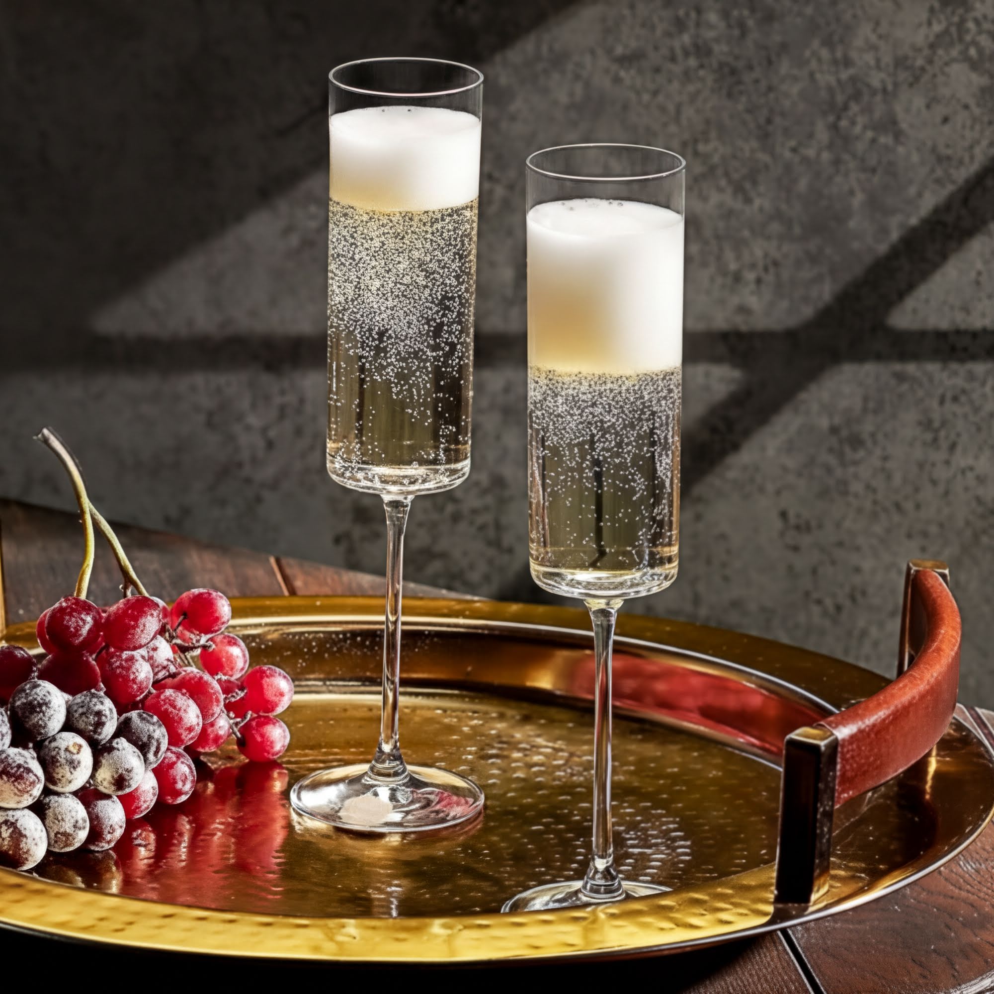Two champagne flutes filled with champagne sit on a gold tray, accompanied by a bunch of red grapes.