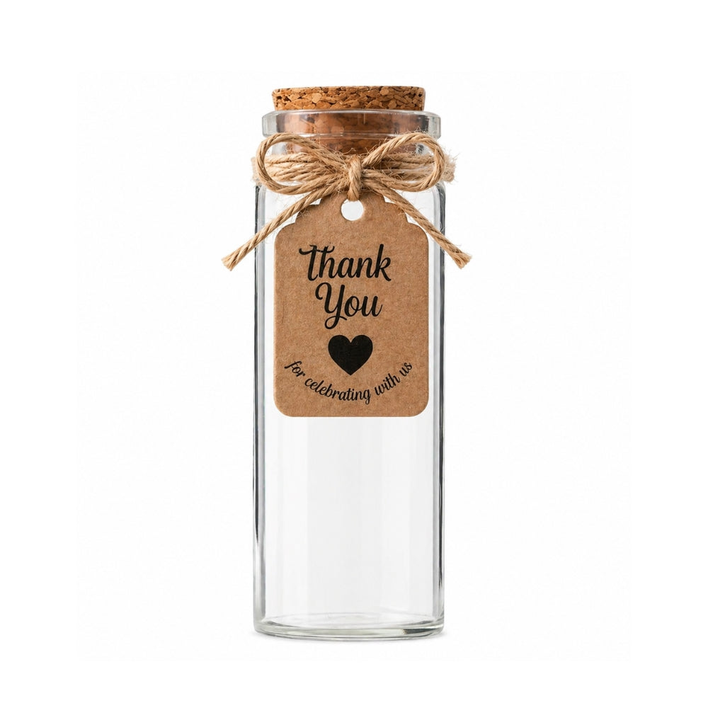 Clear glass jar with a cork lid and 'Thank You' tag on a white background