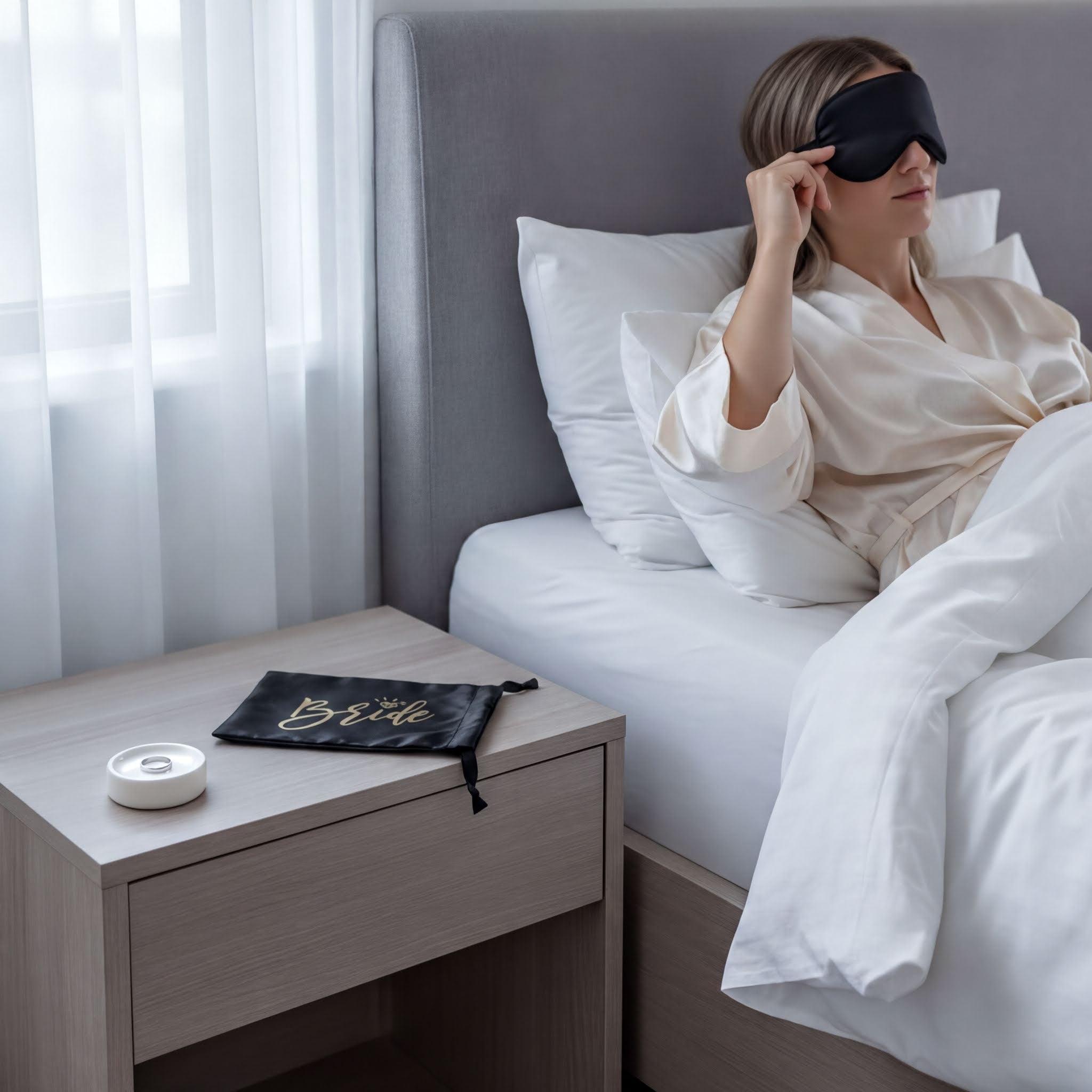 A woman wearing a white robe and a black eye mask is lying in bed next to a nightstand with a ring on it.