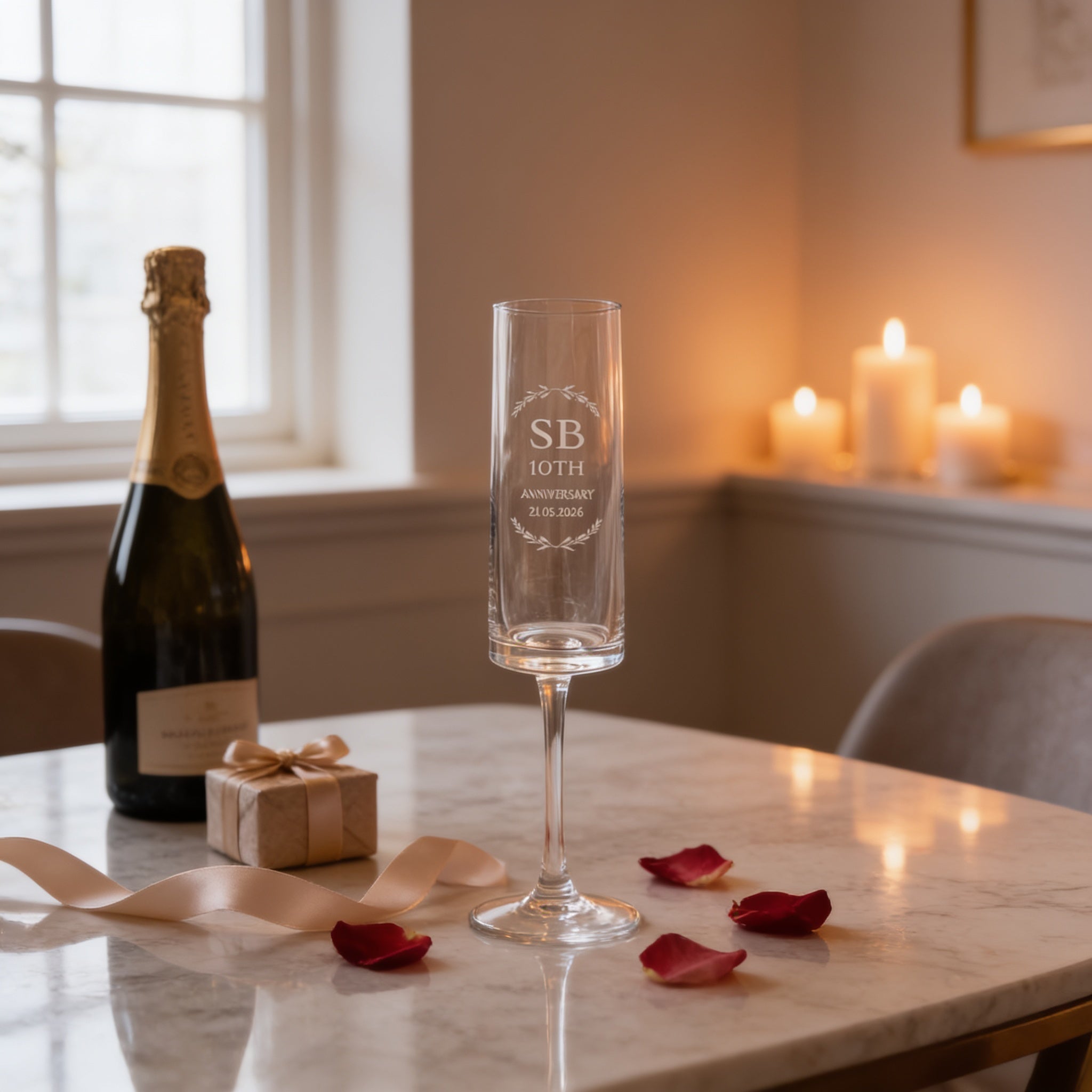 a table with a bottle of champagne, a glass with a personalized message, a gift box, and rose petals on a marble table.