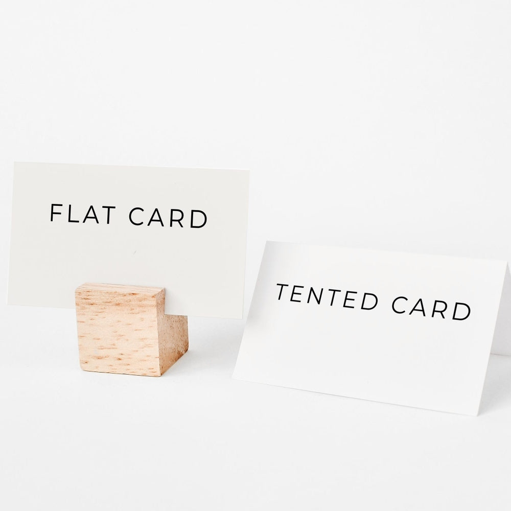 two white cards with black text, one labeled "FLAT CARD" and the other "TENTED CARD".