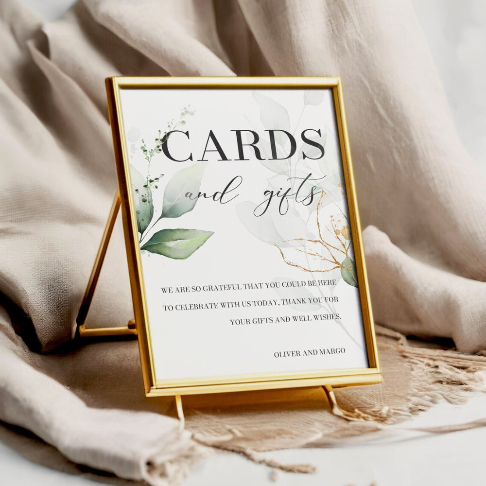Elegant green botanical wedding sign reading ‘Cards and Gifts’, printed in A4 size on cardstock. Displayed in a gold frame with greenery design. Frame not included.