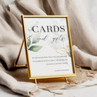 Elegant green botanical wedding sign reading ‘Cards and Gifts’, printed in A4 size on cardstock. Displayed in a gold frame with greenery design. Frame not included.