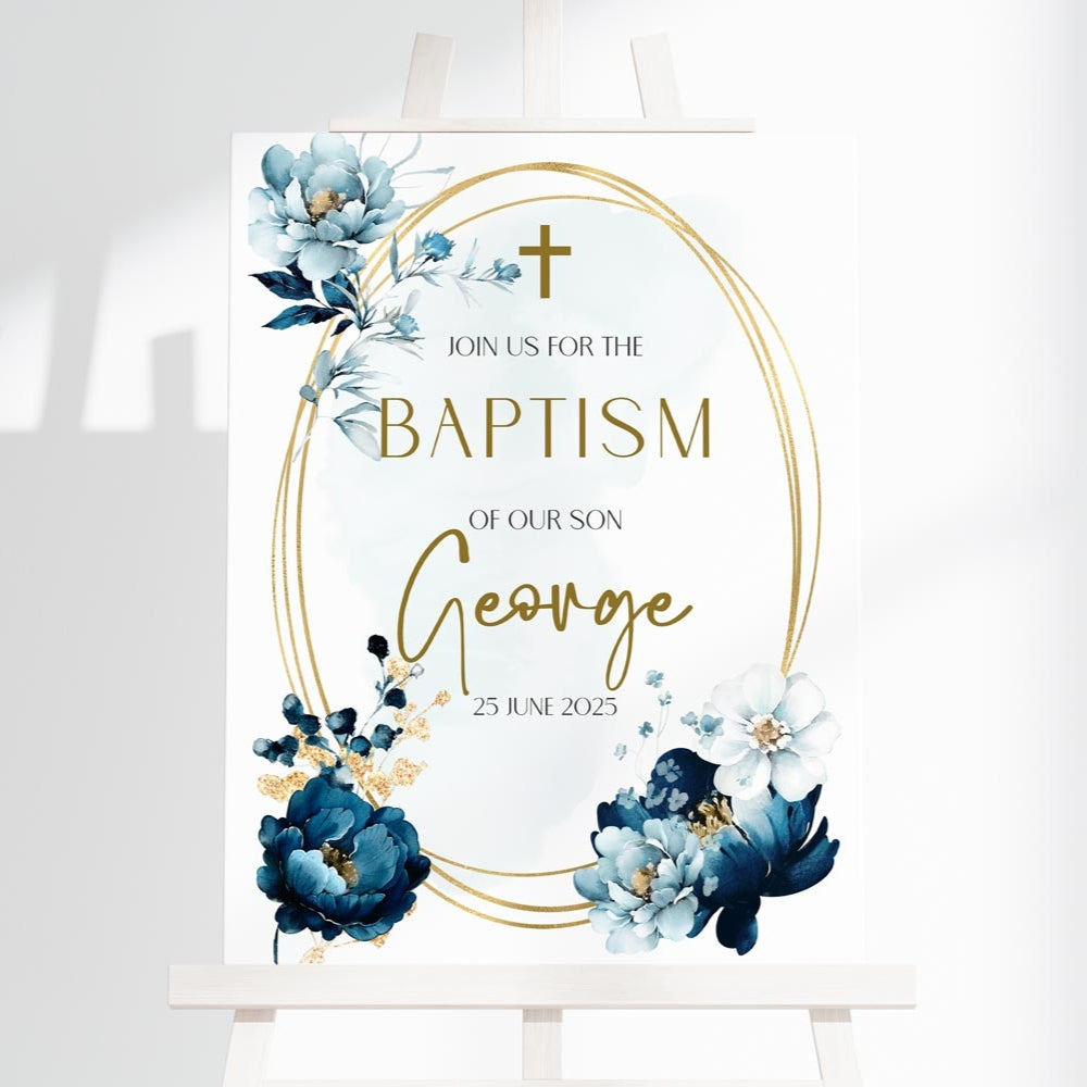 Baptism invitation with blue floral design and gold accents on a white background