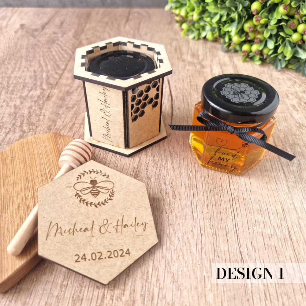 Mini Honey Jar in Hexagon Wooden Gift Box Duo 60ml Simply Wedding