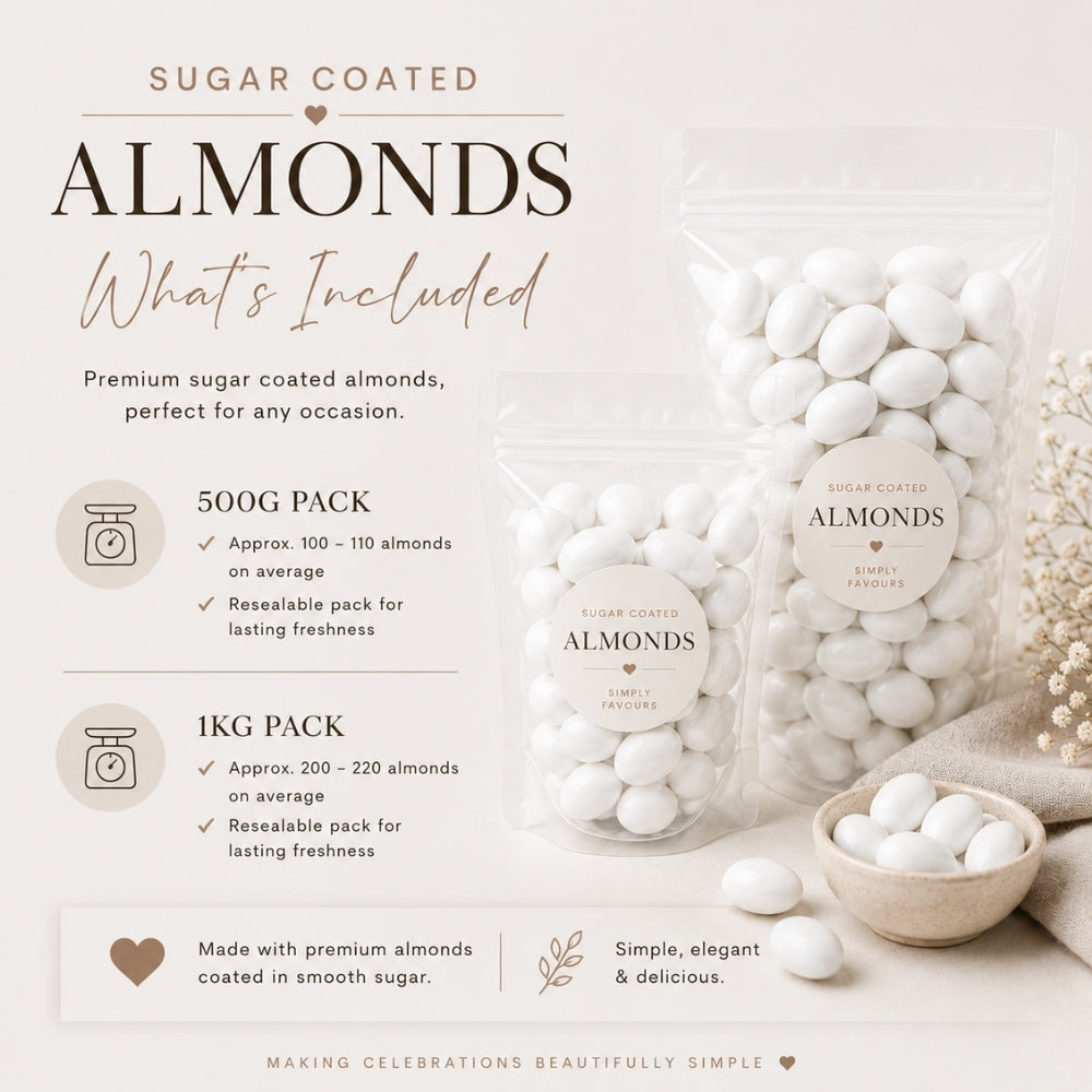 Sugar coated almonds in resealable clear bags with round labels, shown alongside product information text on a warm beige background. The image includes 500g and 1kg pack details, a small bowl of almonds, and decorative dried flowers.