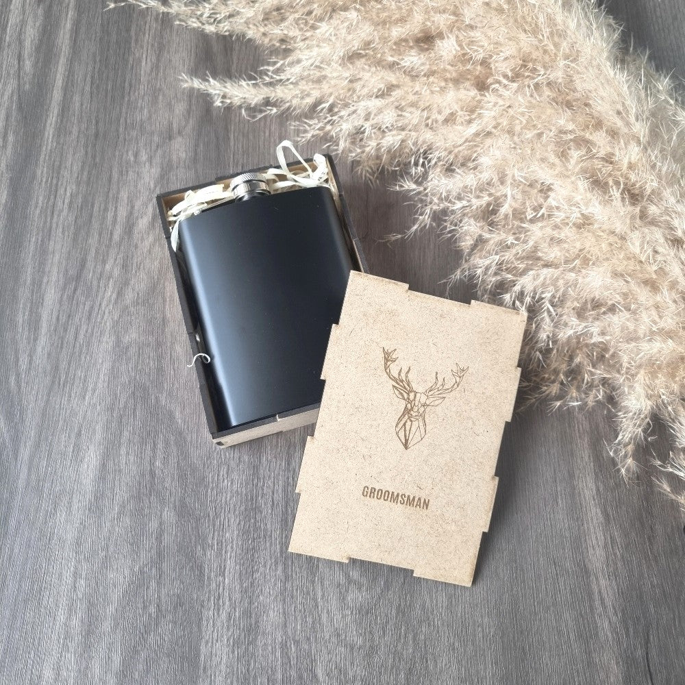 sleek black hipflask favour with engraved wooden giftbox
