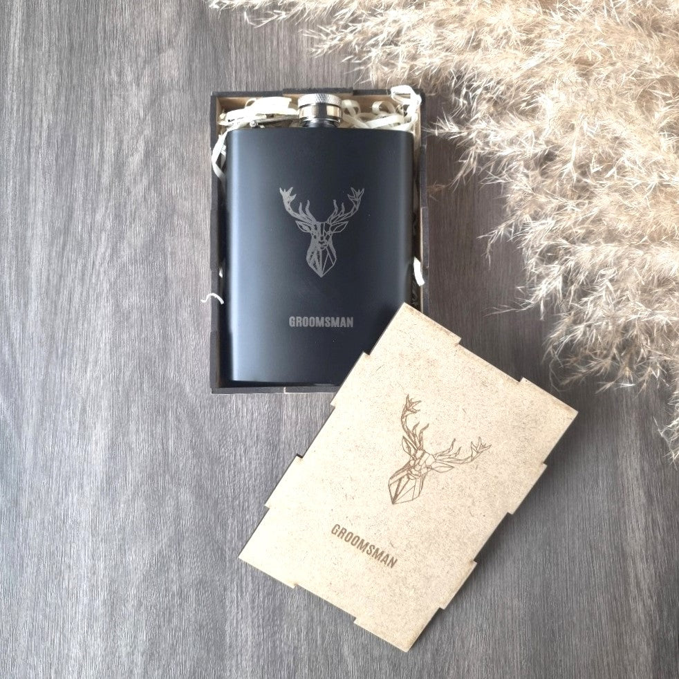 engraved sleek black hipflask favour with wooden giftbox