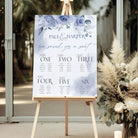 Wedding seating chart on an easel with floral design and 'Paul & Harper' text.