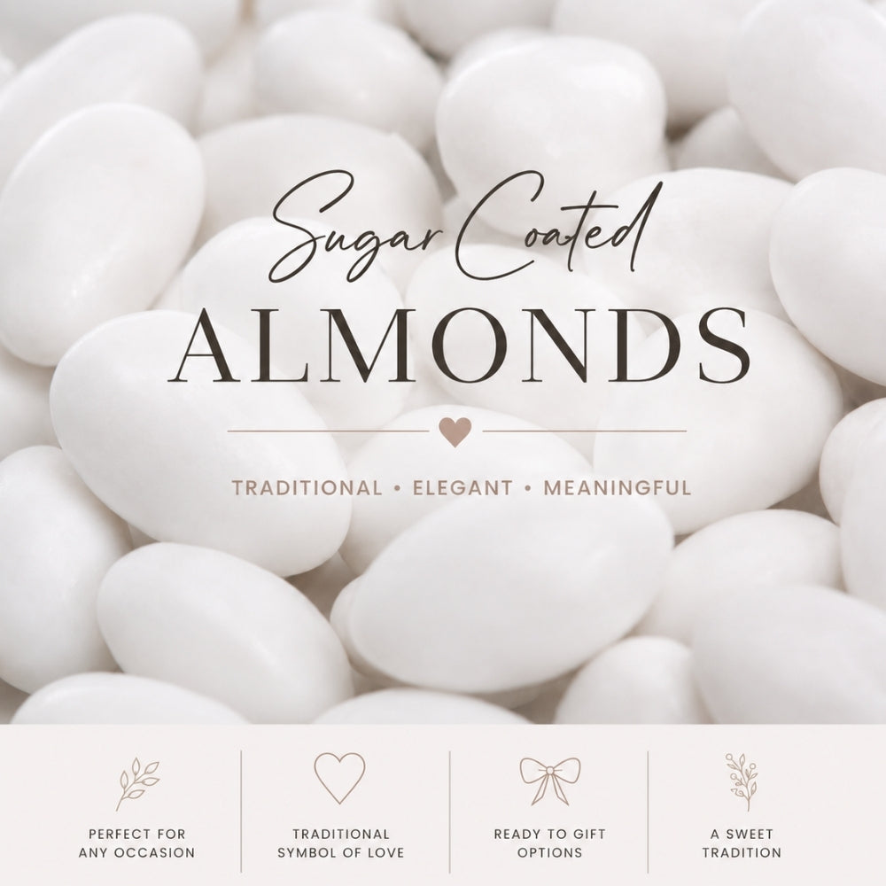 White sugar-coated almonds arranged in a close-up background with elegant text reading 'Sugar Coated ALMONDS' and smaller descriptors 'TRADITIONAL • ELEGANT • MEANINGFUL.' A light beige strip at the bottom includes small decorative icons and phrases such as 'Perfect for any occasion,' 'Traditional symbol of love,' 'Ready to gift options,' and 'A sweet tradition.
