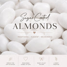 White sugar-coated almonds arranged in a close-up background with elegant text reading 'Sugar Coated ALMONDS' and smaller descriptors 'TRADITIONAL • ELEGANT • MEANINGFUL.' A light beige strip at the bottom includes small decorative icons and phrases such as 'Perfect for any occasion,' 'Traditional symbol of love,' 'Ready to gift options,' and 'A sweet tradition.