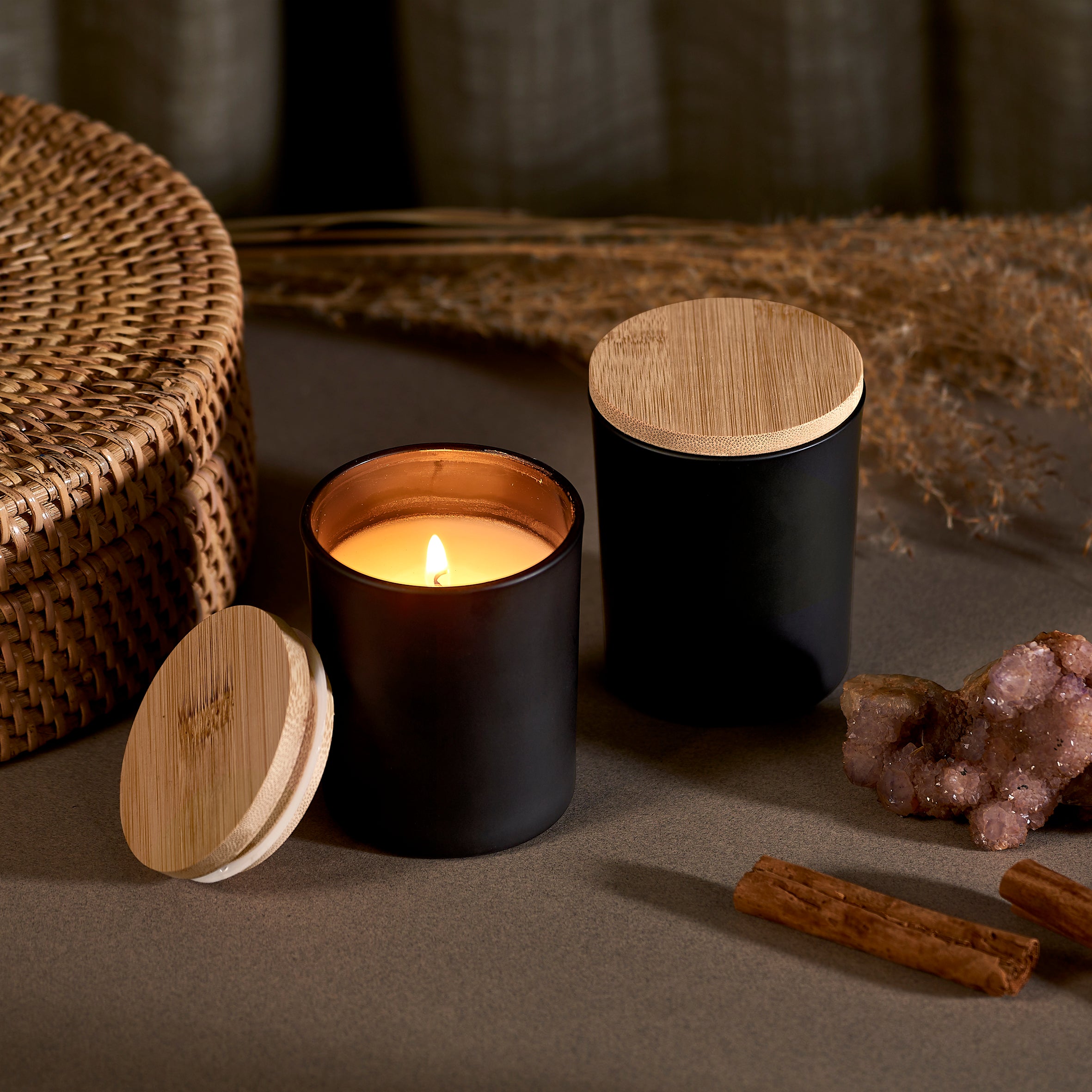 Candle in Glass Votive favour with Bamboo Lid in Black