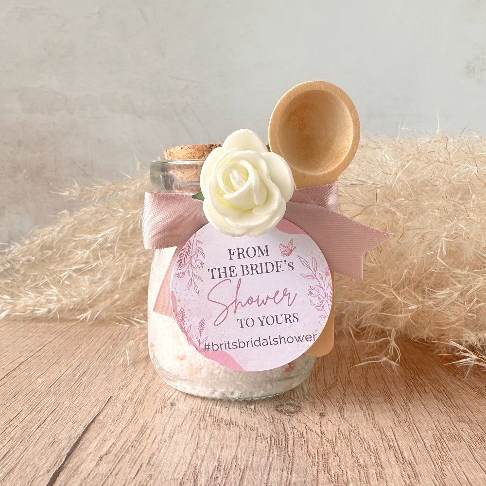 Rose Geranium bath salts in a mini cork jar with a salt spoon